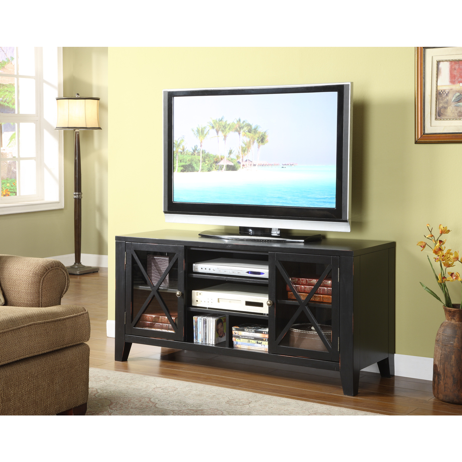 Powell Black Painted XFront Distressed TV Stand by OJ Commerce 257854