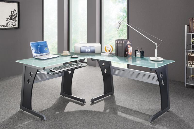 Home office Desks Glass Panel Steel Frame LShaped Desk
