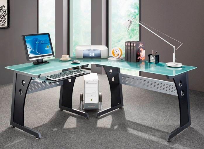 Home office Desks Glass Panel Steel Frame LShaped Desk