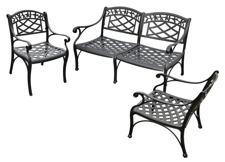 Sedona 3 Piece Cast Aluminum Outdoor Conversation Seating Set - Loveseat & 2 Club Chairs Black Finish