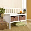 White Bench w/ Brown Rattan Baskets