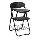 Black Plastic Chair with Right Handed Tablet Arm and Book Basket