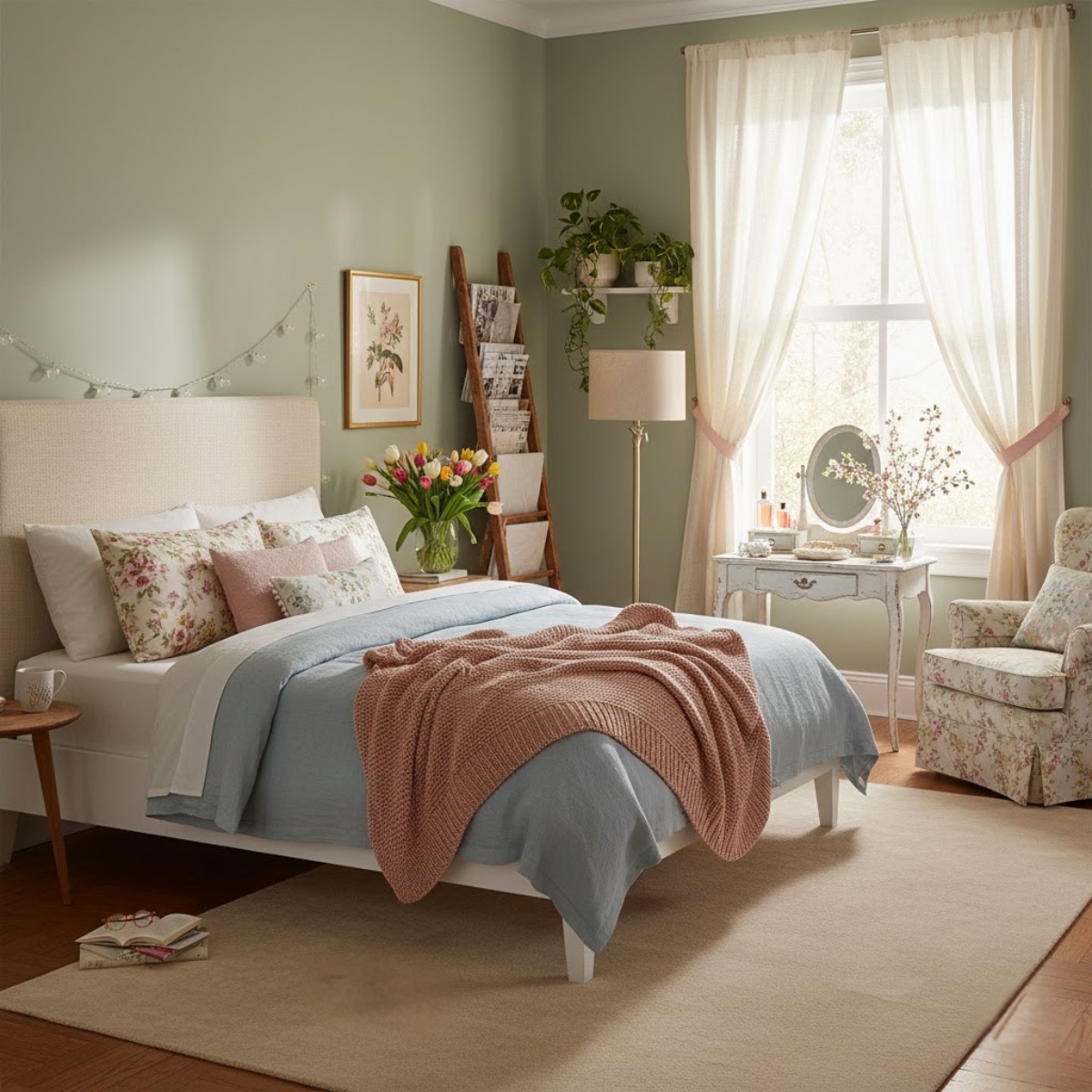 A bright spring 2026 bedroom with blue bedding, blush pink throw pillows, yellow tulips in a vase, and sheer white curtains letting in morning light
