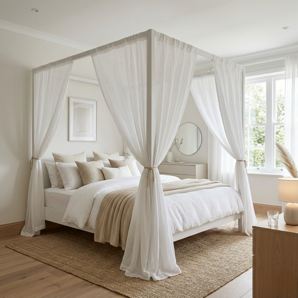 Elegant bedroom canopy setup creating a cozy romantic retreat