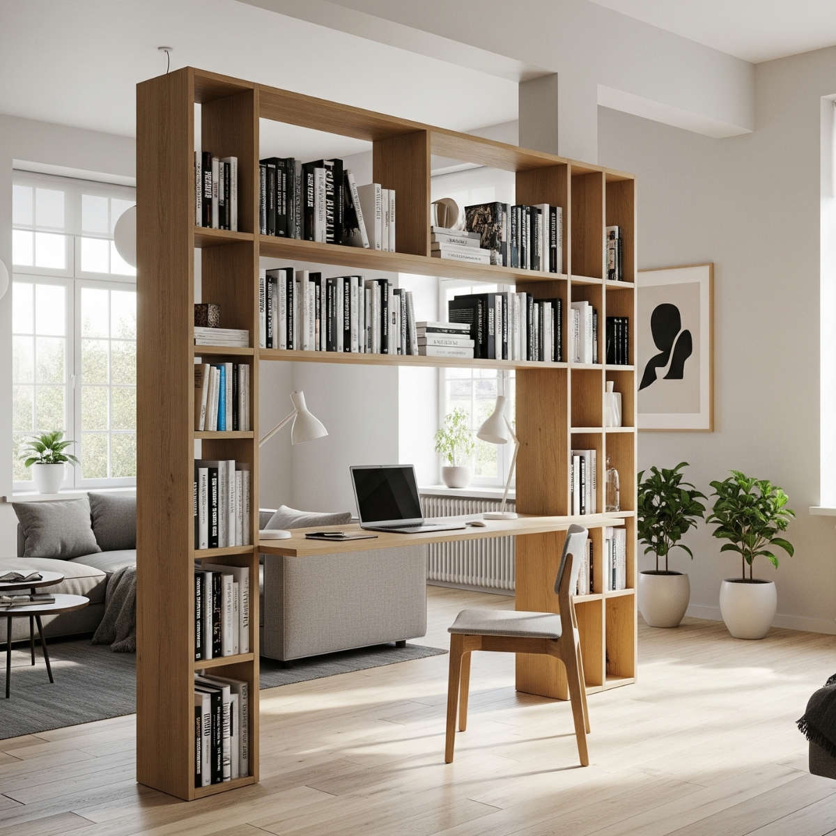 Bookshelf room divider with desk