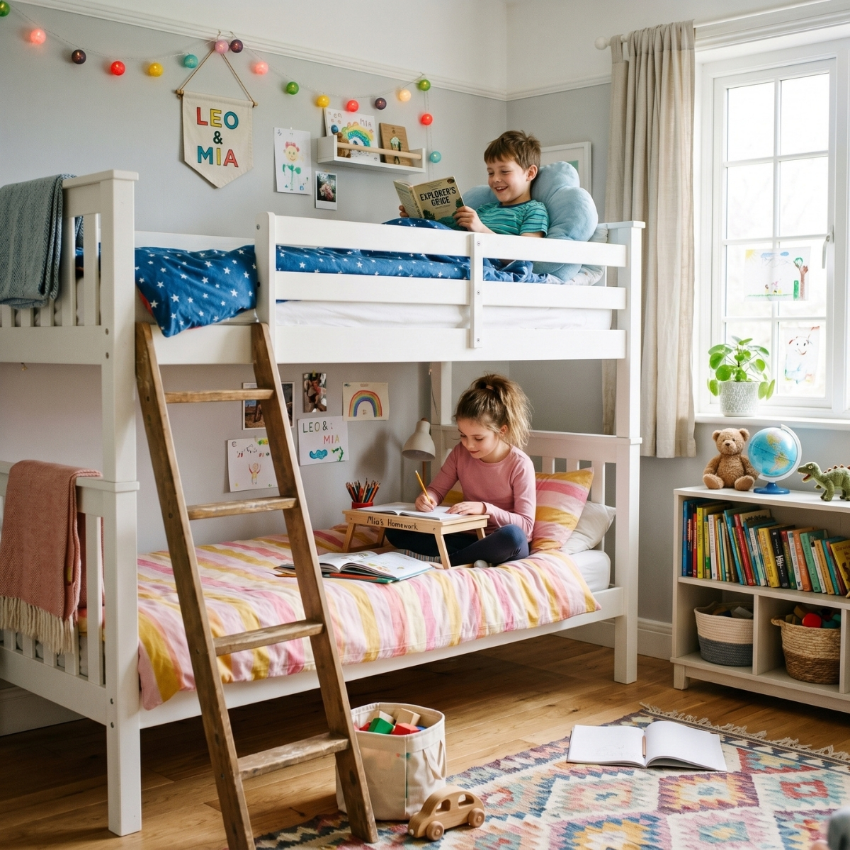 Two siblings sharing a bunk bed in a bright, organized kids bedroom