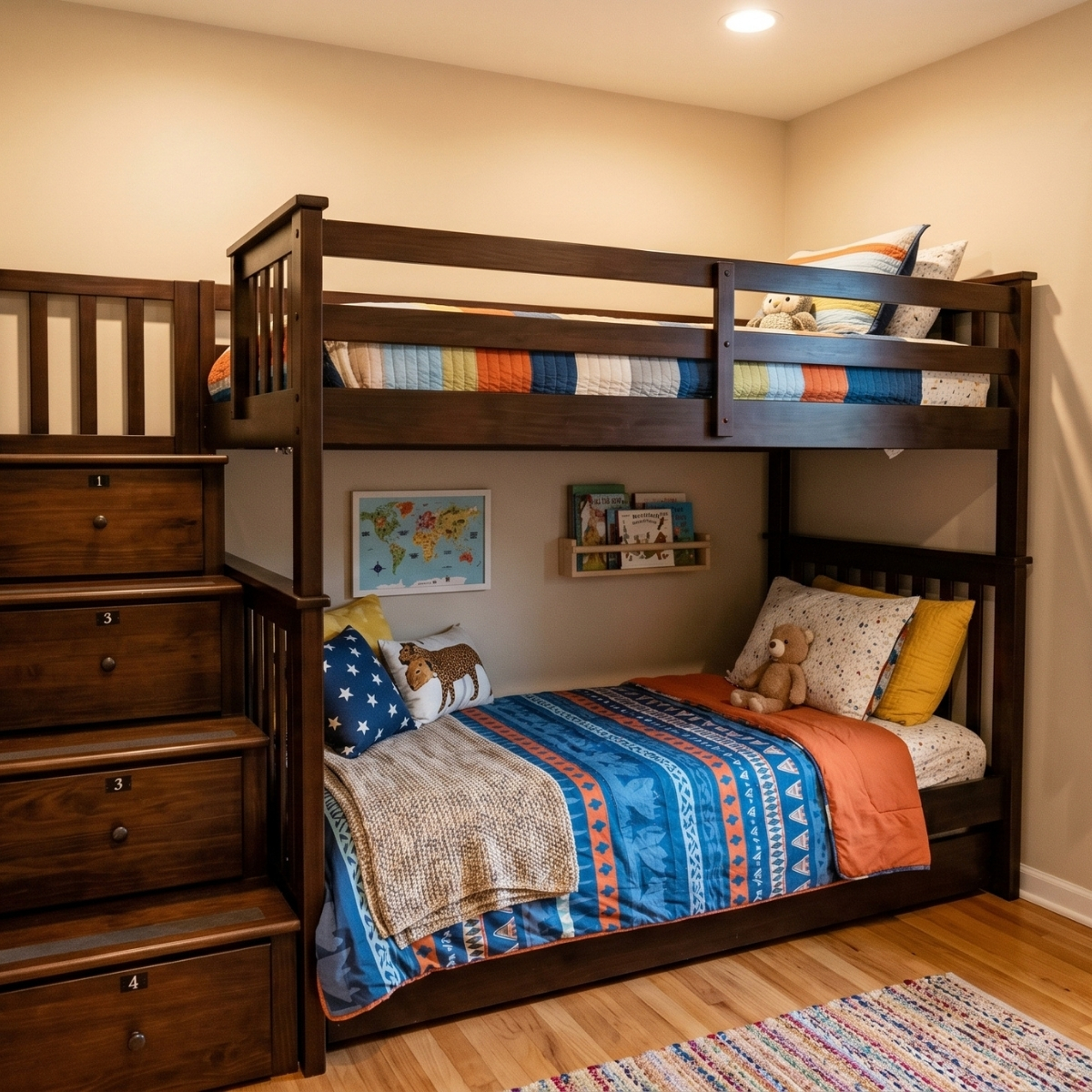 Bunk bed with staircase drawers and built-in storage in a compact kids bedroom