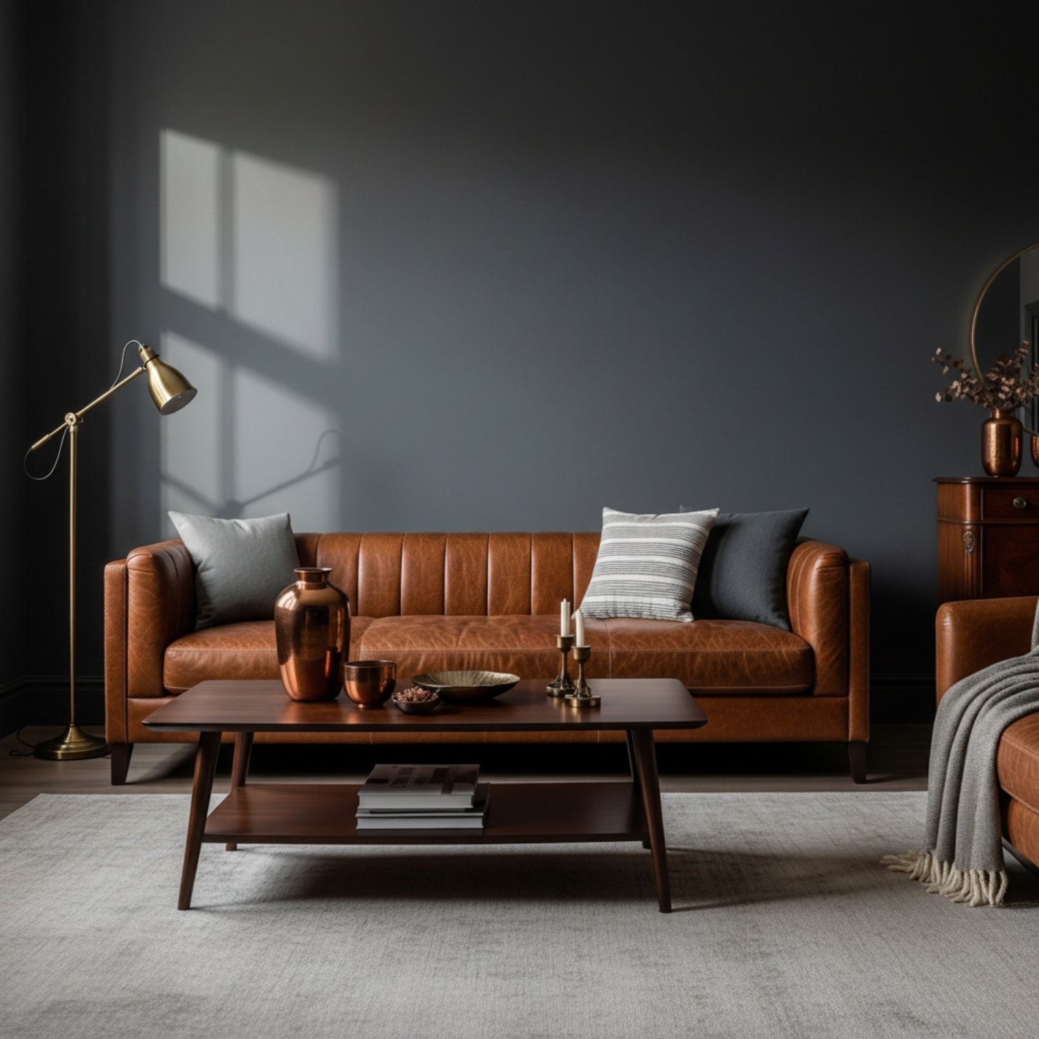 Charcoal feature wall with a brown leather armchair