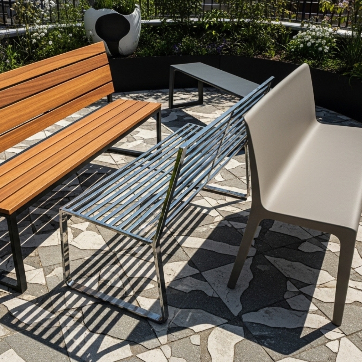 Comfortable Garden Bench with Cushions in Flower Garden