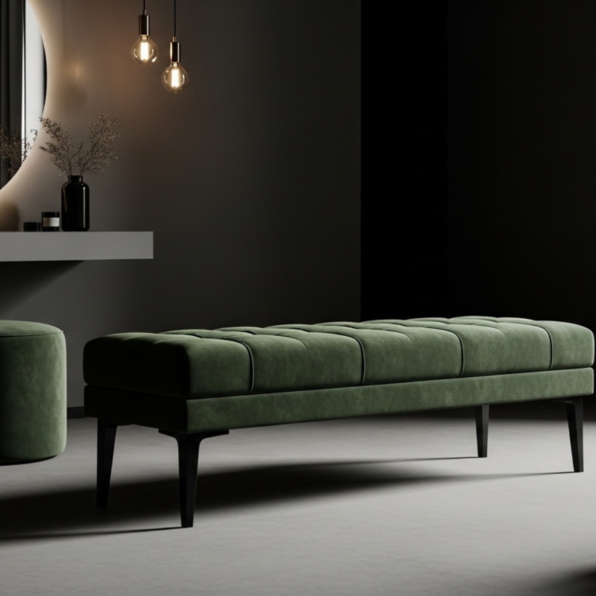 Elegant upholstered storage bench in sophisticated bedroom setting