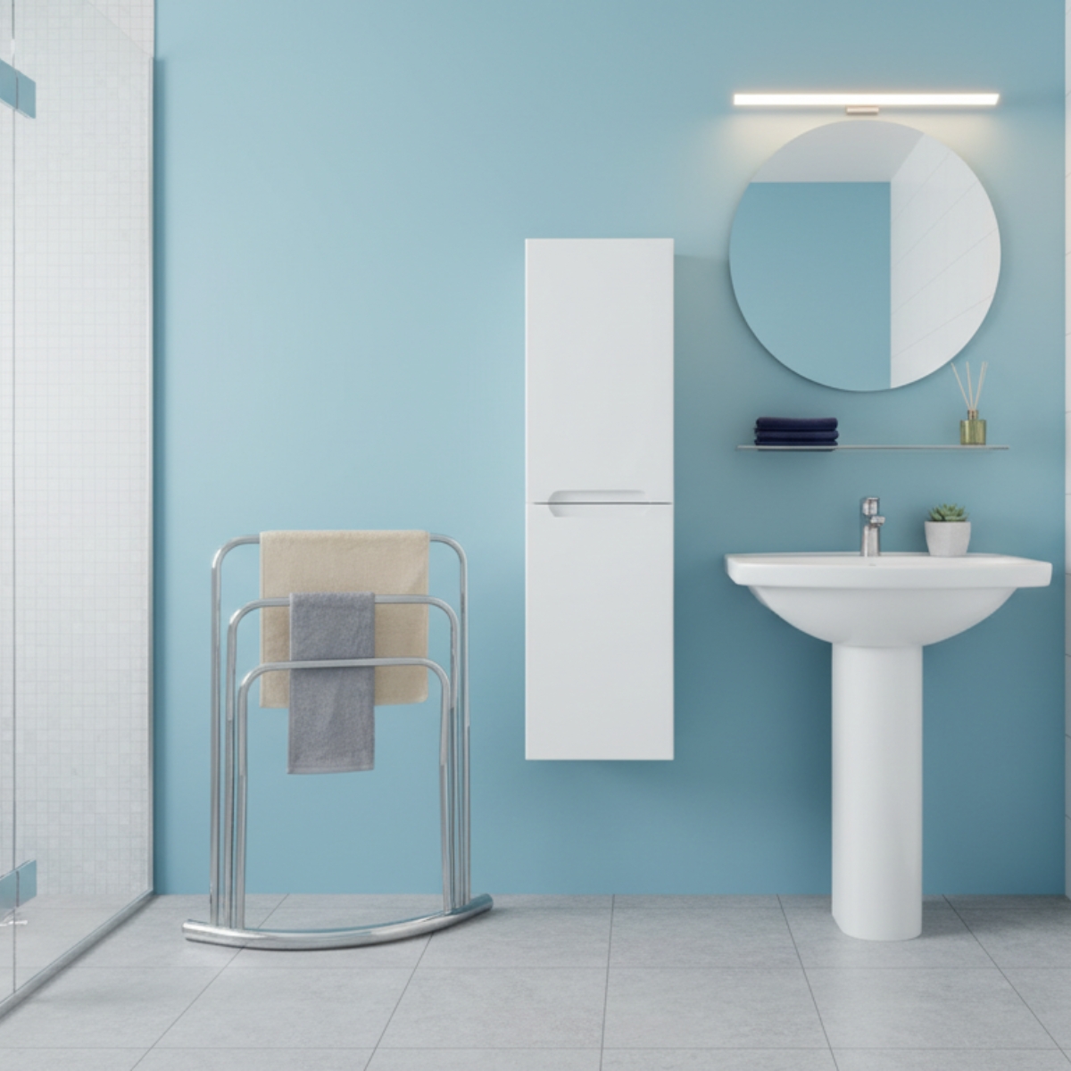Elegant towel rack in modern bathroom showing proper spacing