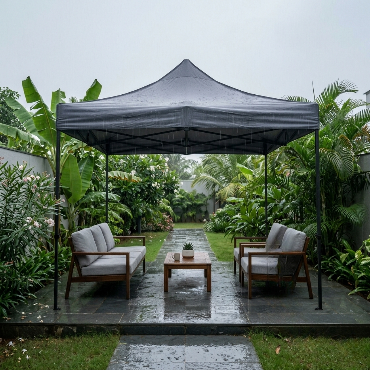 Waterproof gazebo protecting outdoor furniture during rainy weather