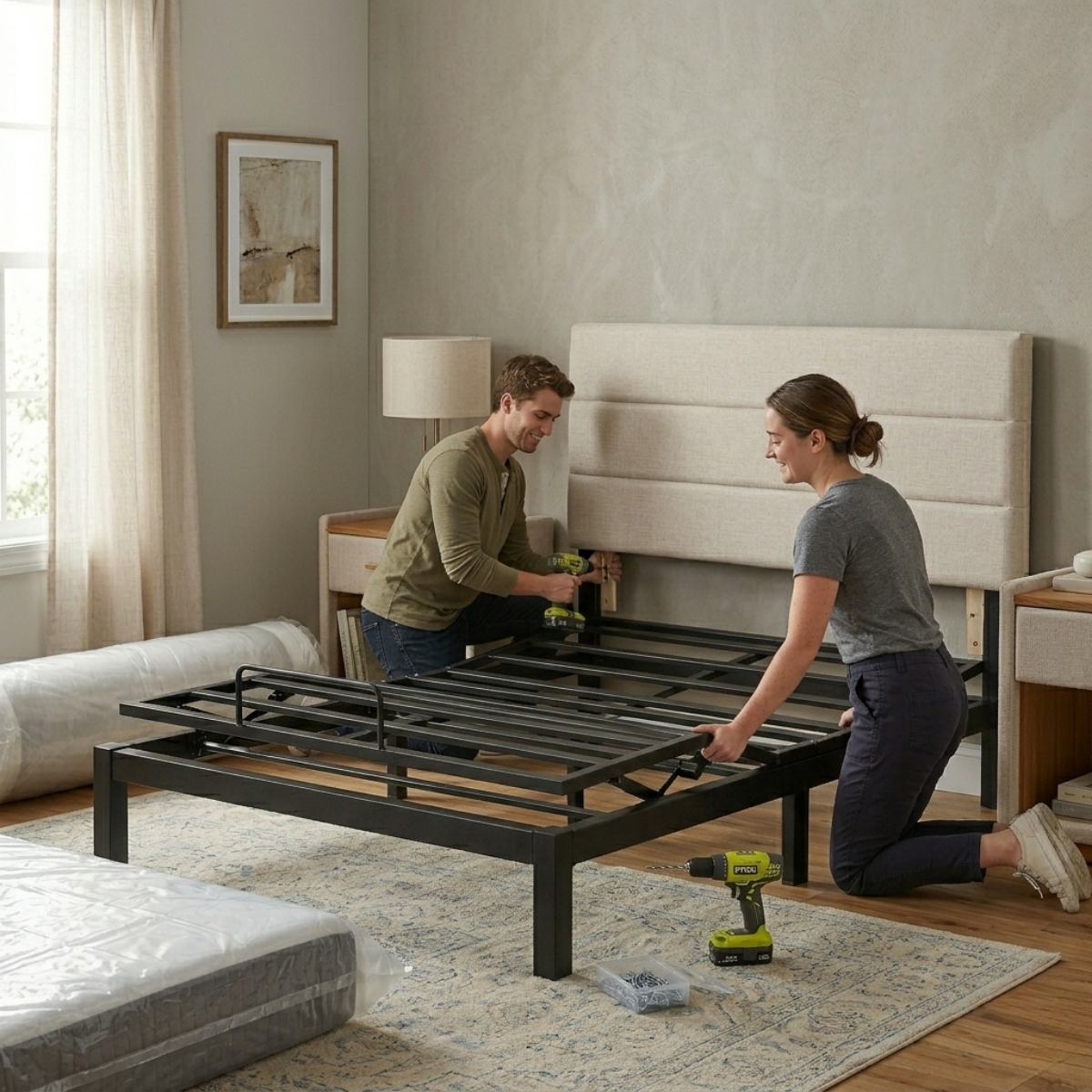 DIY assembly of headboard brackets and bolts on a bed frame