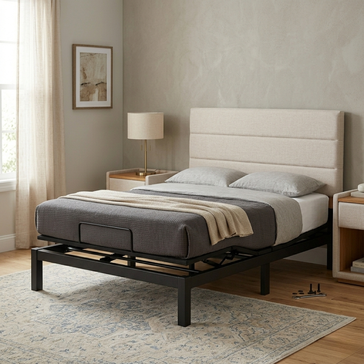 Fully assembled bed with headboard and footboard in a cozy bedroom