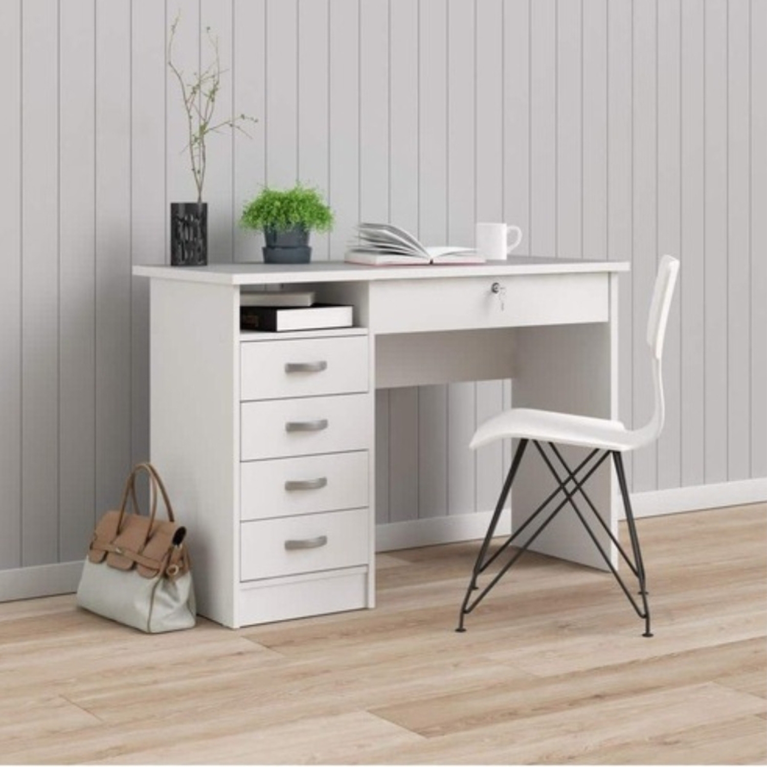 White Tvilum Walden desk with 5 drawers and open shelf in a minimalist home office