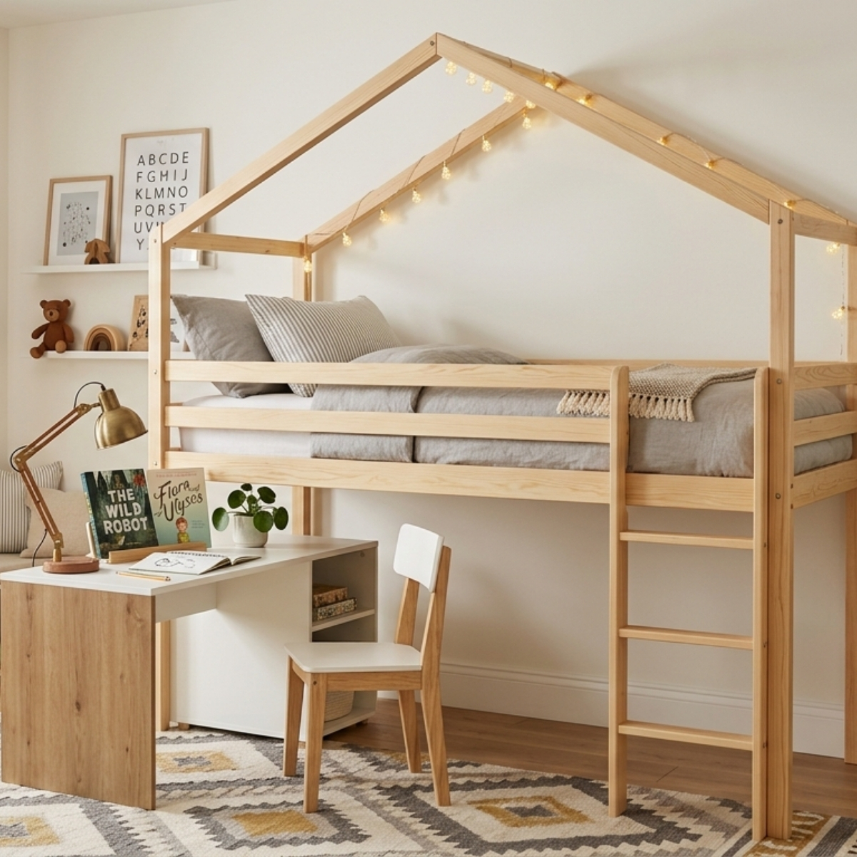 House-shaped loft bunk bed with peaked canopy frame in a Scandinavian-style kids bedroom