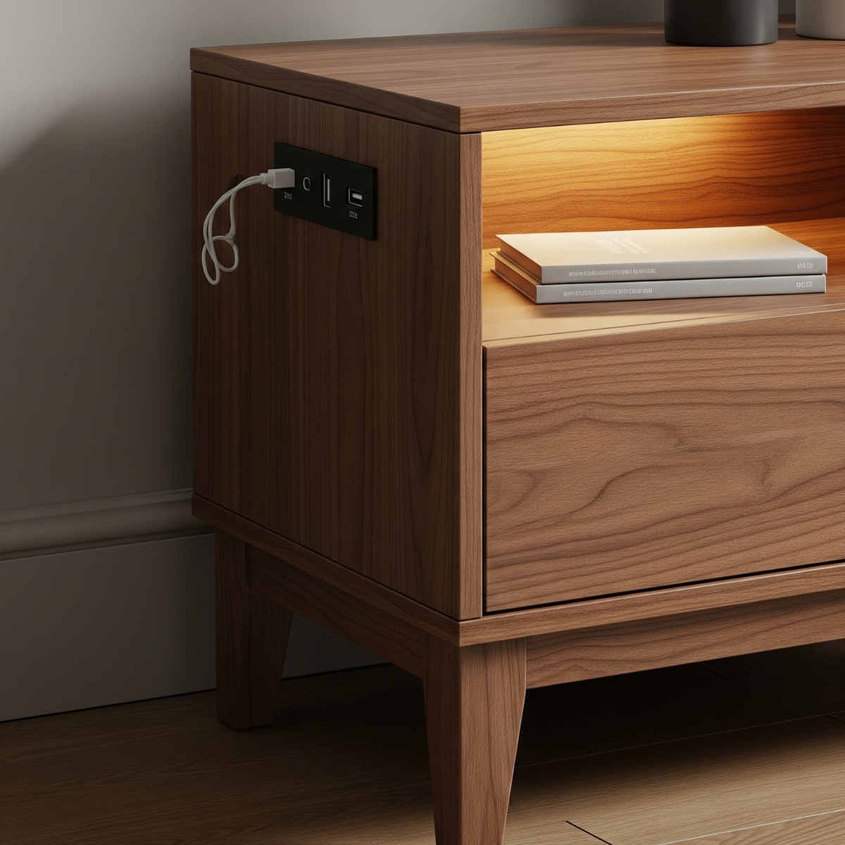 bedside table with charging station