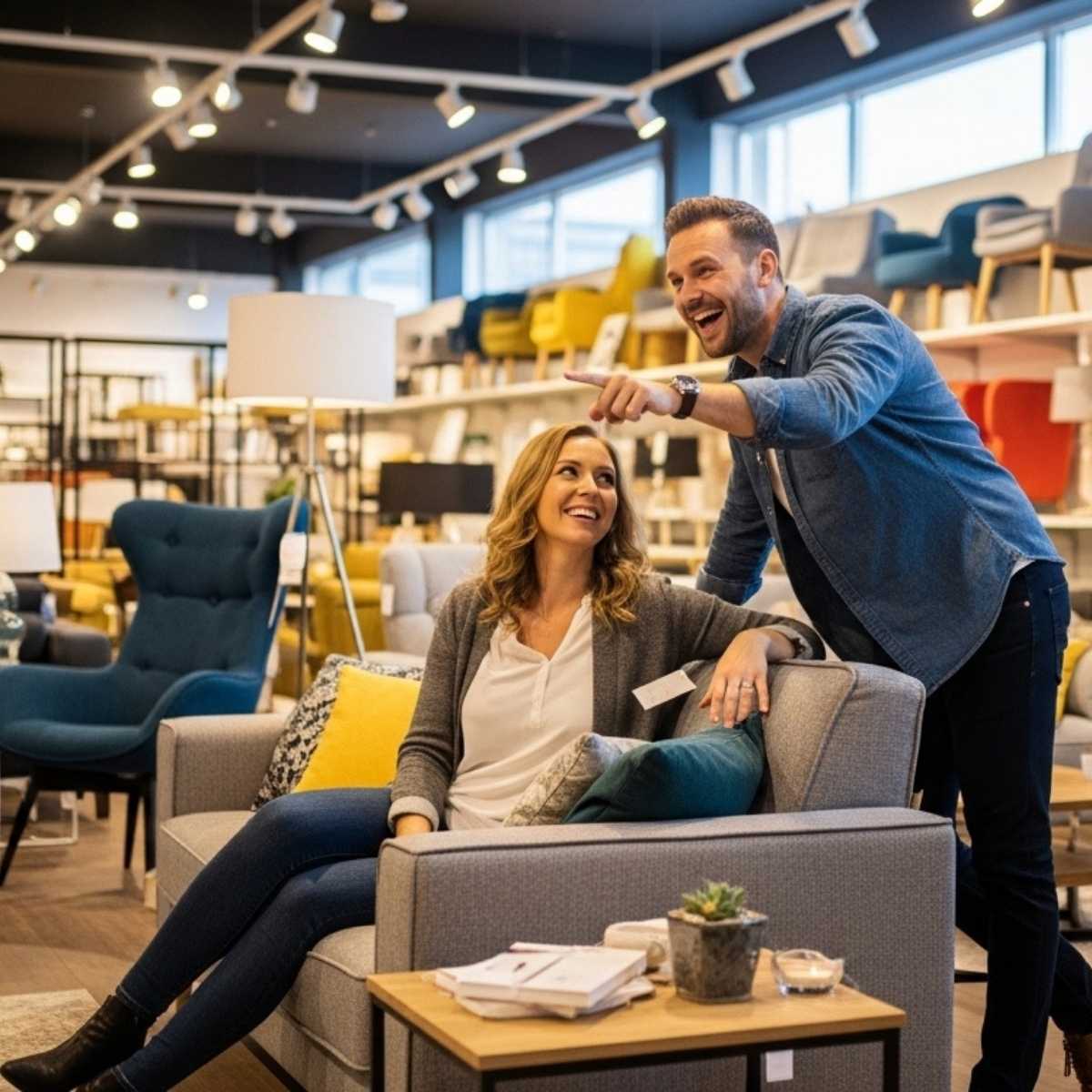 Shoppers exploring furniture in a spacious one-stop store