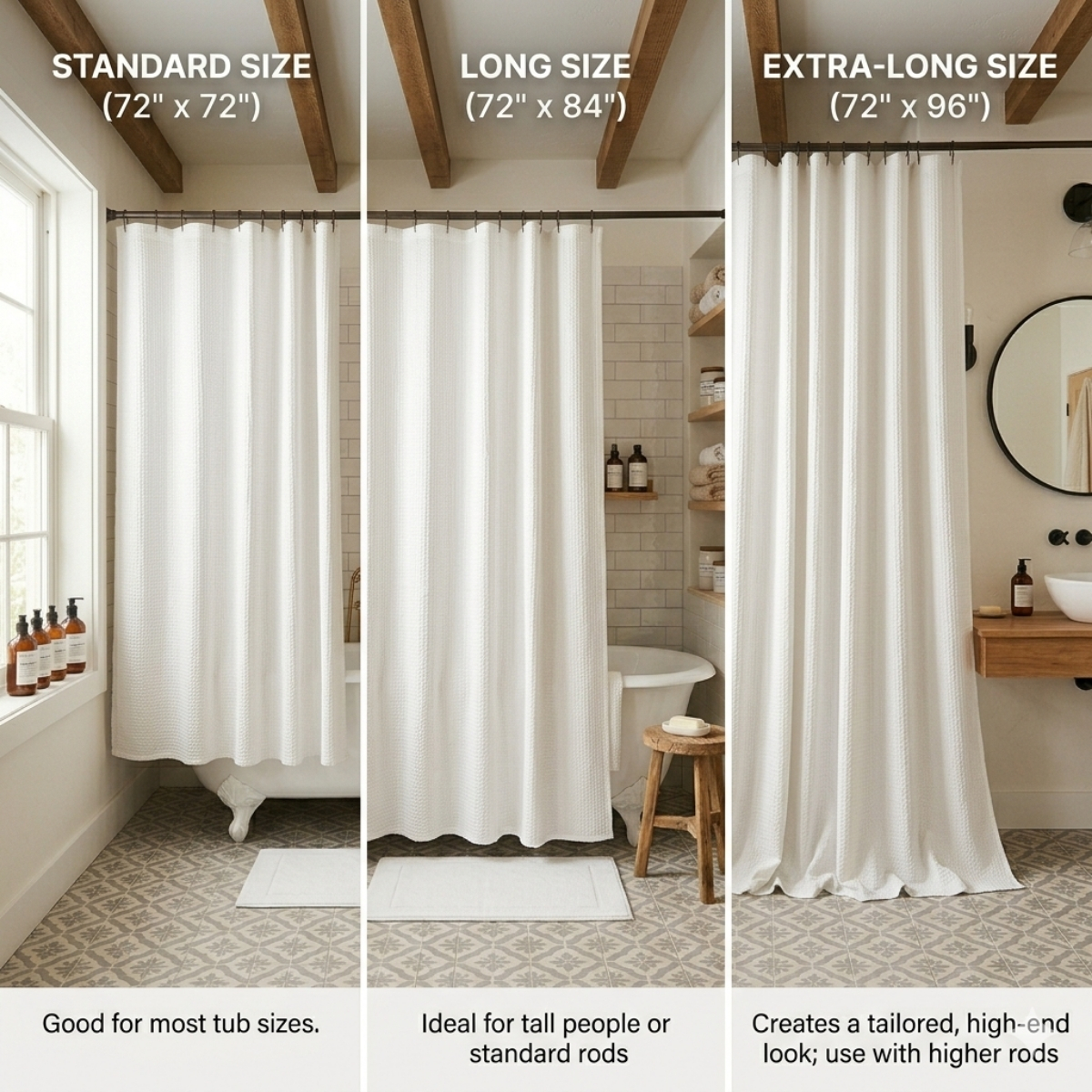 Comparison of different shower curtain sizes and lengths