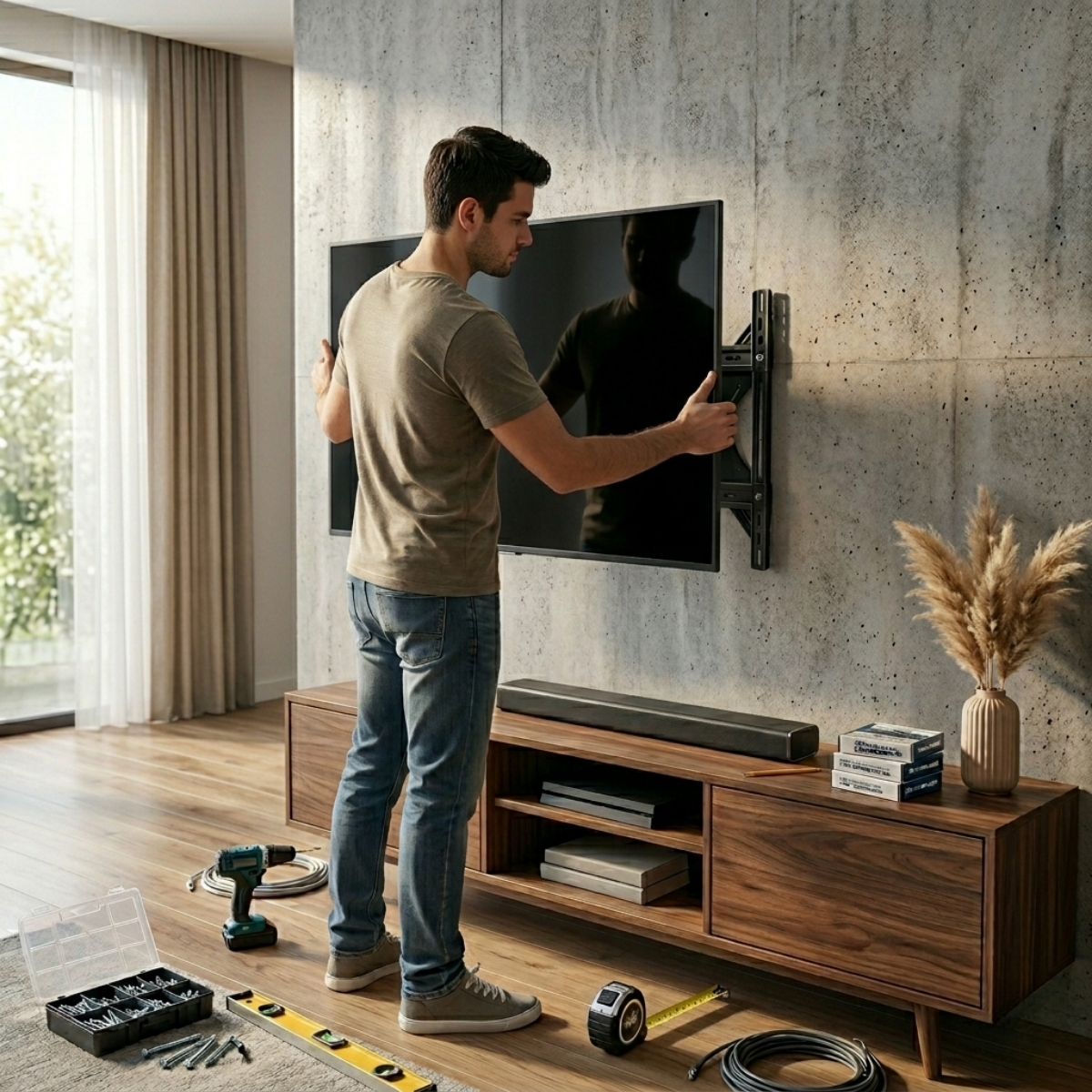 DIY TV wall mount installation process showing bracket and leveling