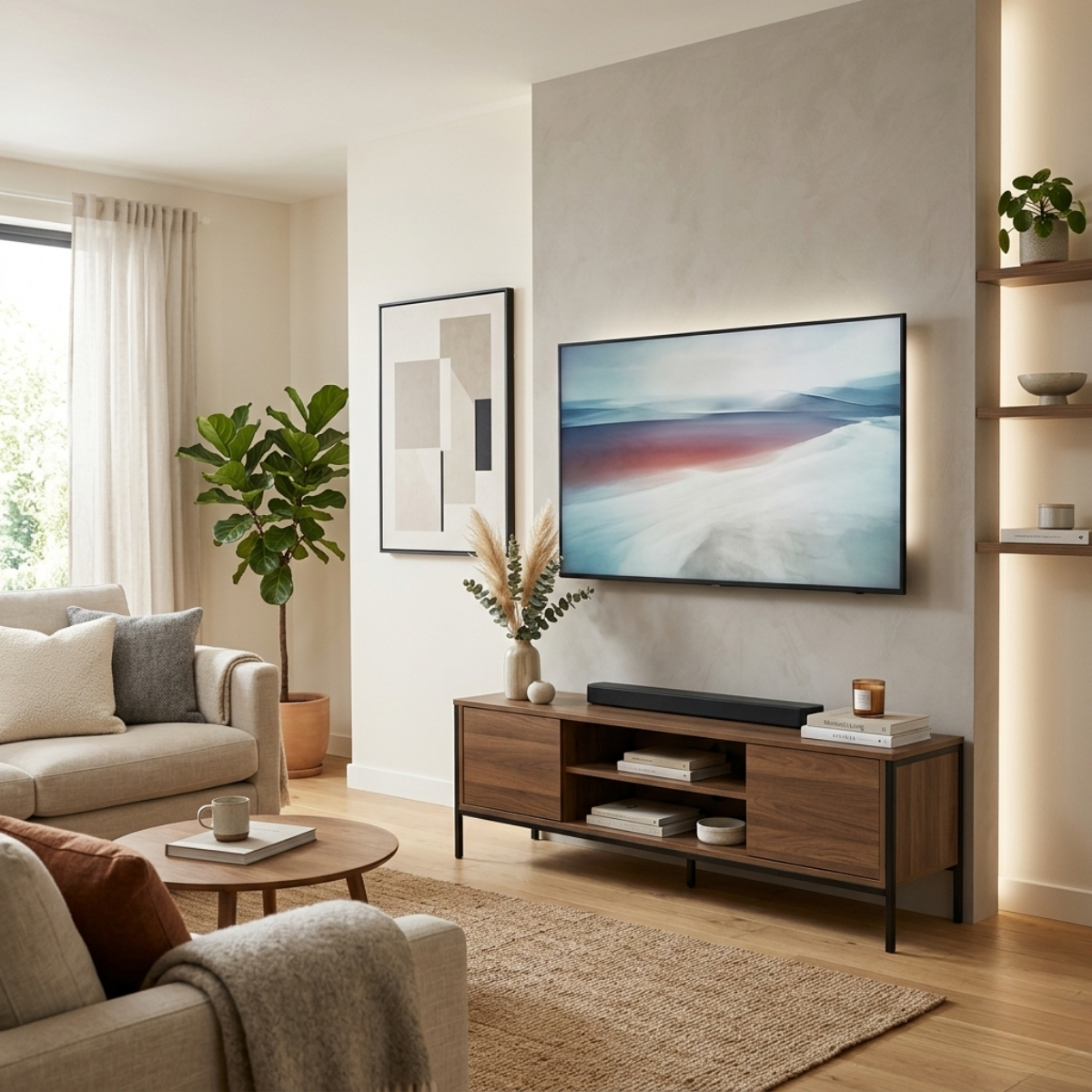 Modern living room with TV mounted at optimal viewing height