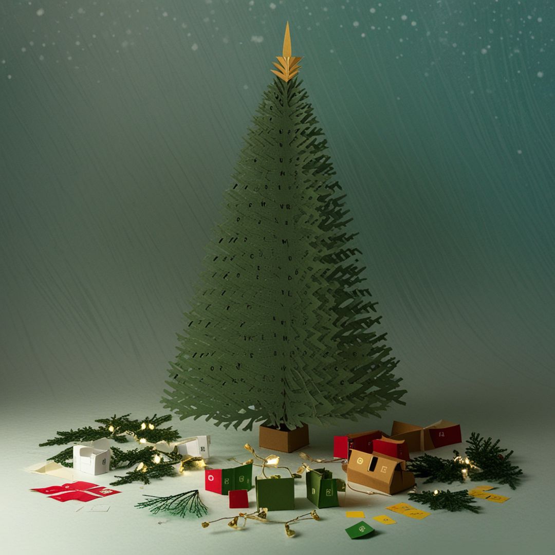 Close-up of artificial Christmas tree parts laid out on floor, ready for assembly.