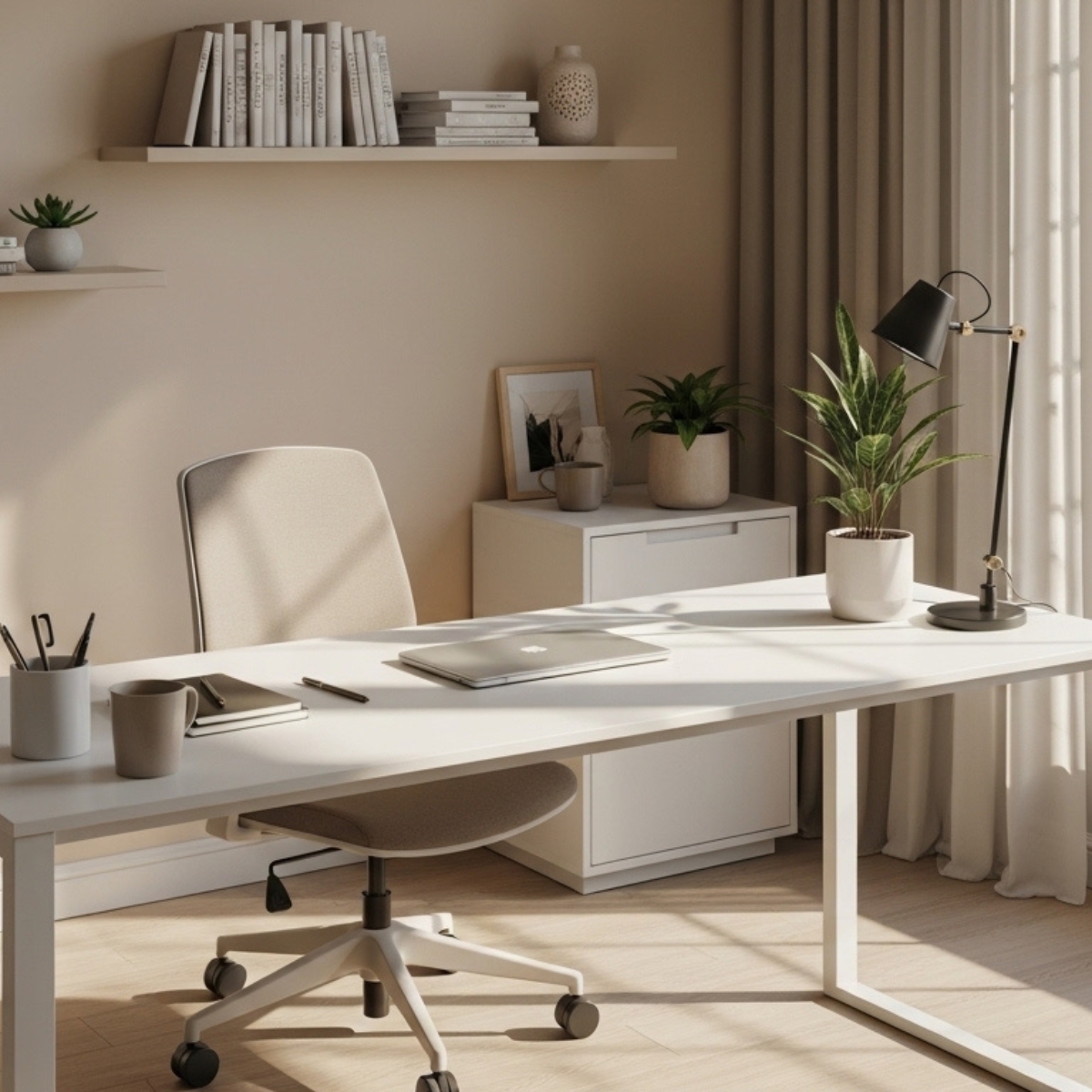 White desk styled with different decor accessories