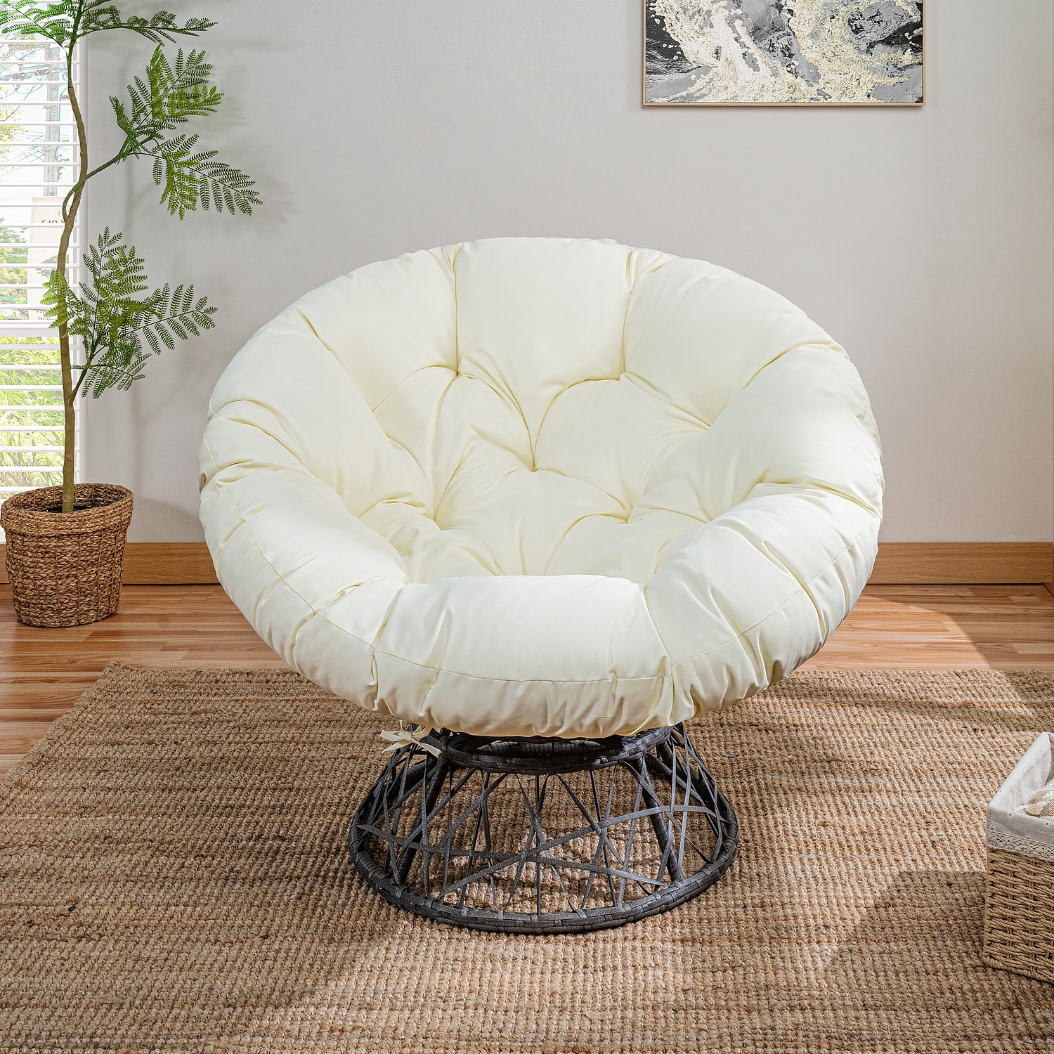 Naomi Home Barcelona Cozy Swivel Papasan Chair Cream,Dark Gray