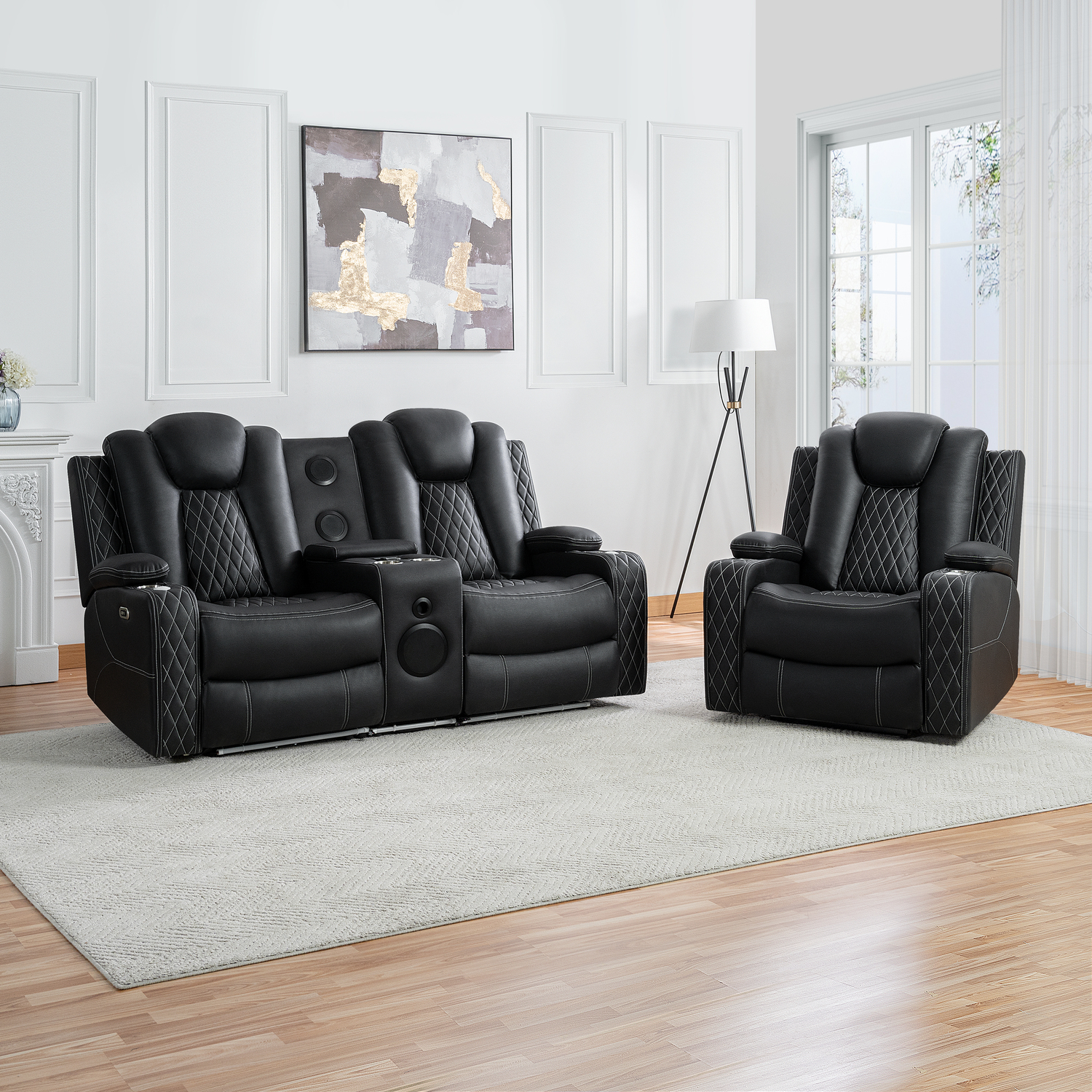 Chicago Chair & Sofa Set Air Leather,Black,Chair and Loveseat