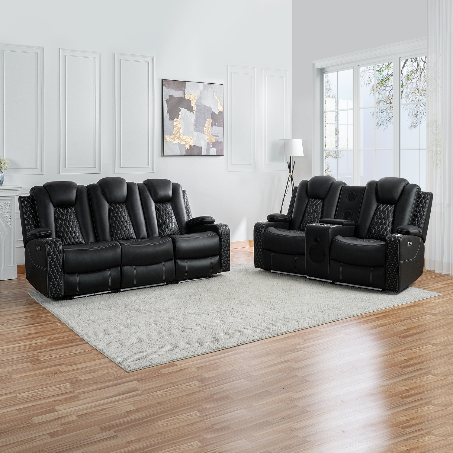 Chicago Chair & Sofa Set Air Leather,Black,Loveseat And Premium Sofa