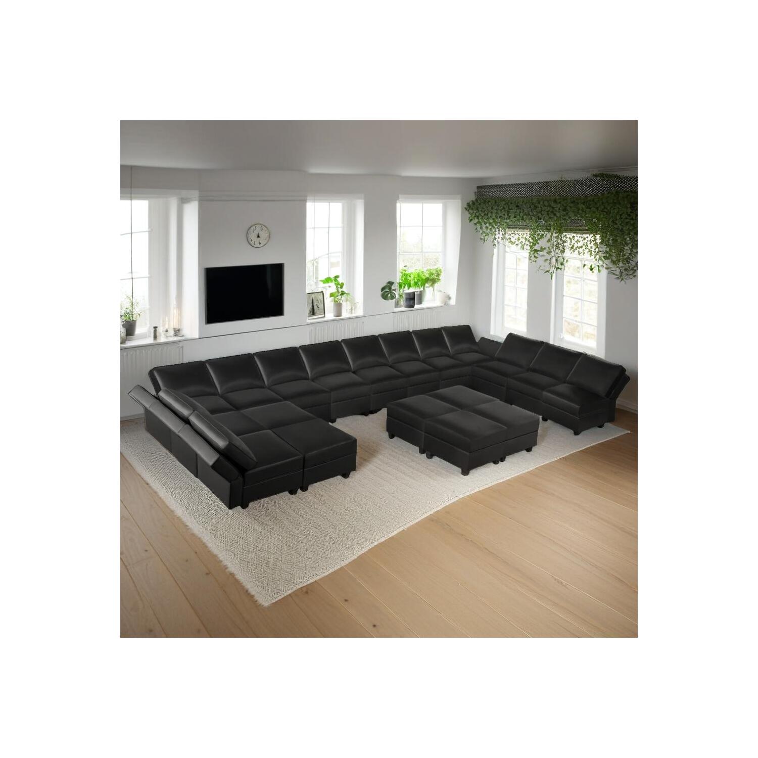 Naomi Home Sarah Contemporary DIY U -Shaped Sofa Collection 13 Piece Modular Sectional With 6 Ottomans,Black