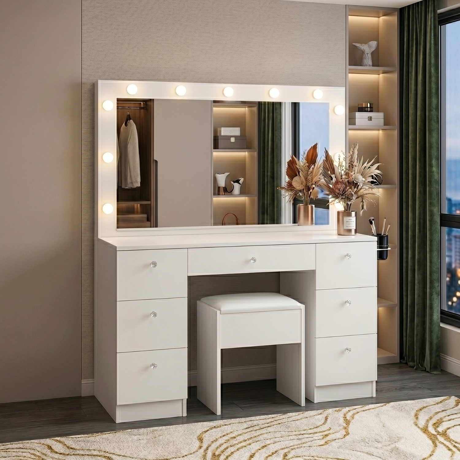 Vera Makeup Vanity with 7 Drawers, Large Mirror, Stool and Lights from Naomi Home White