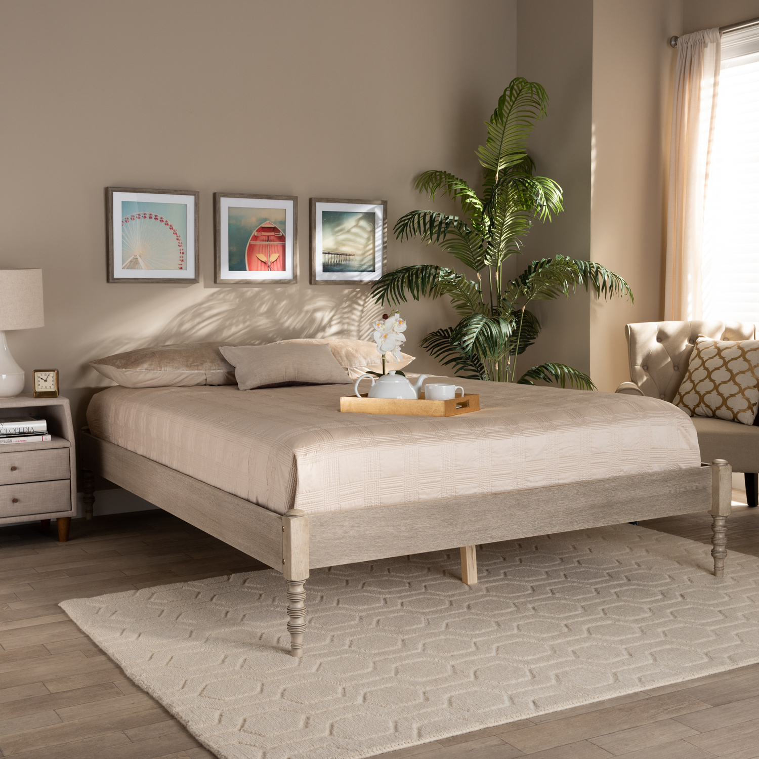 Homestock Victorian Vintage French Bohemian Antique White Oak Finished Wood Queen Size Platform Bed Frame, Turned Legs, 64.09