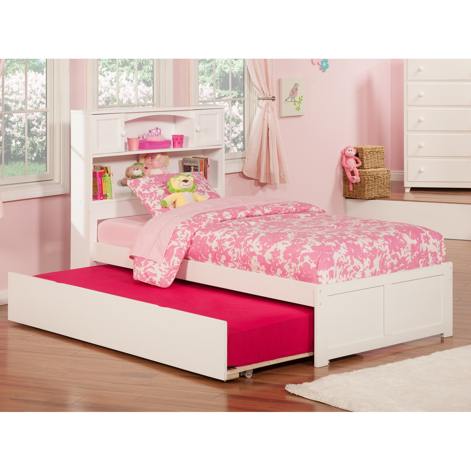 Classic Comfort Full Platform Bed With Flat Panel Footboard And Turbo Charger With Twin Size Urban Trundle In White