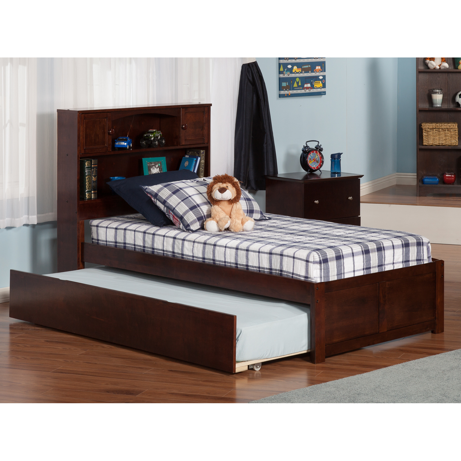 Full Platform Bed with Trundle - Modern Rustic Design, Twin Size, White Finish, Storage & Slat Kit