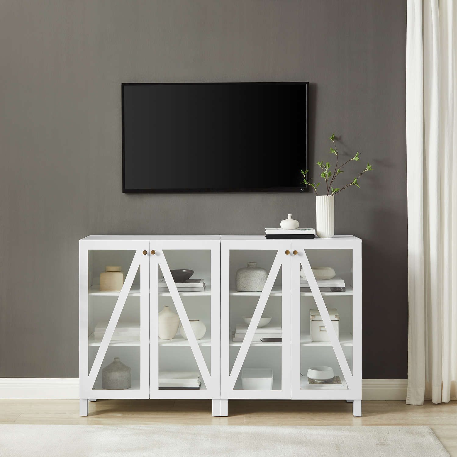 Media Storage Cabinet Set - TV Stand with Shelves & Pantries - Modern Farmhouse Design