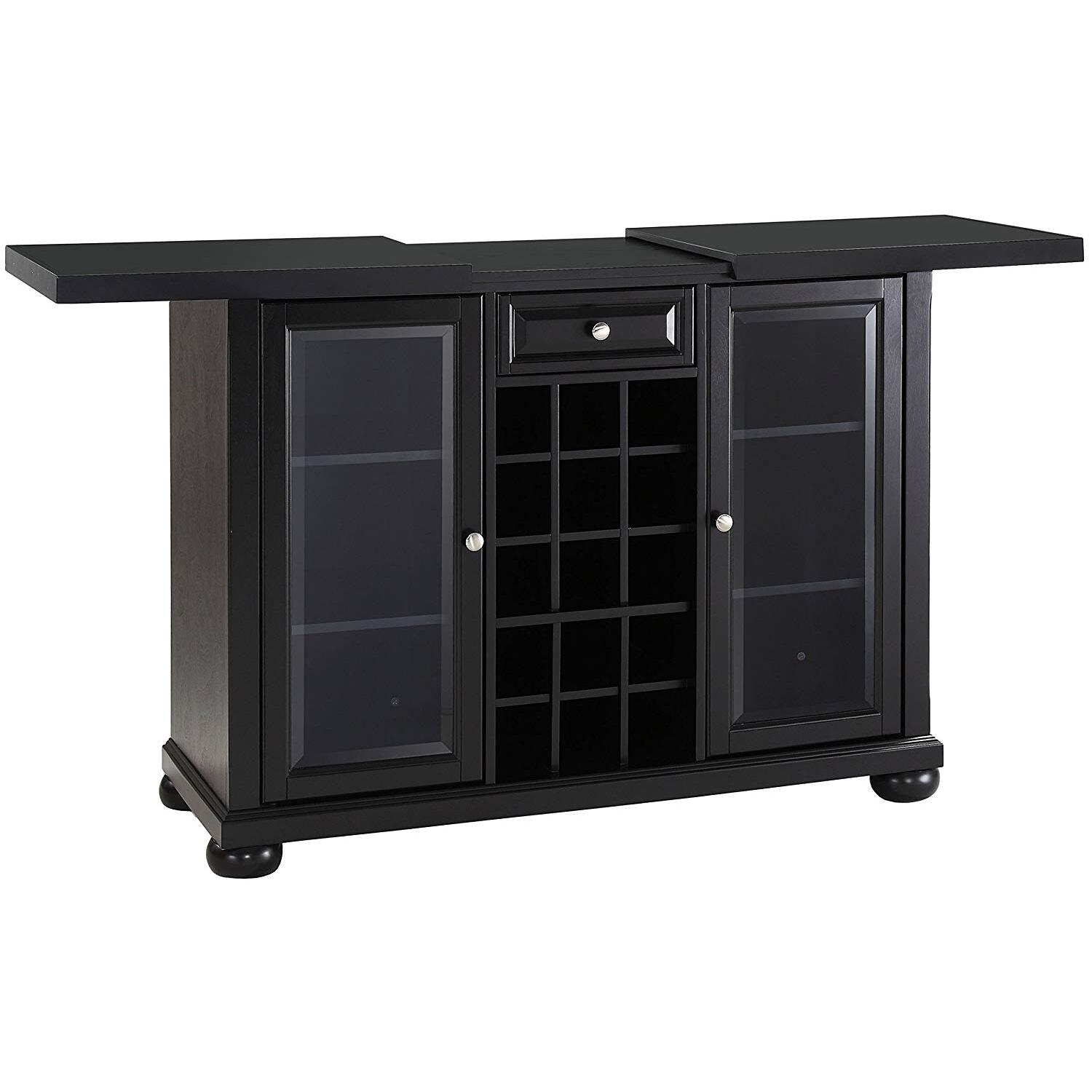 Retro Bar Cabinet with Sliding Top - Black Wood Bar - Tempered Glass Door - Adjustable Shelves & Wine Rack