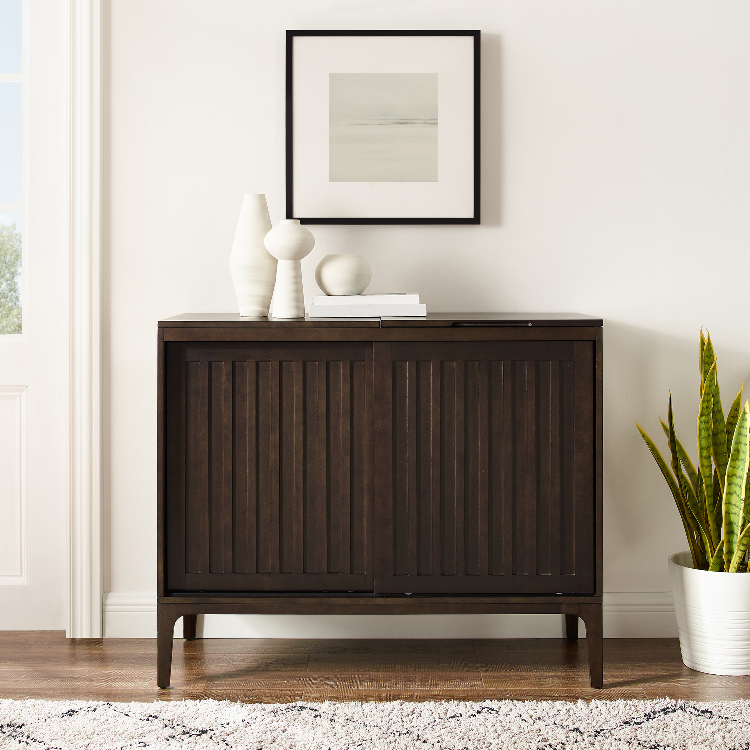 Renaissance Revival Record Storage Media Console with Slatted Sliding Doors, Dark Brown, 18