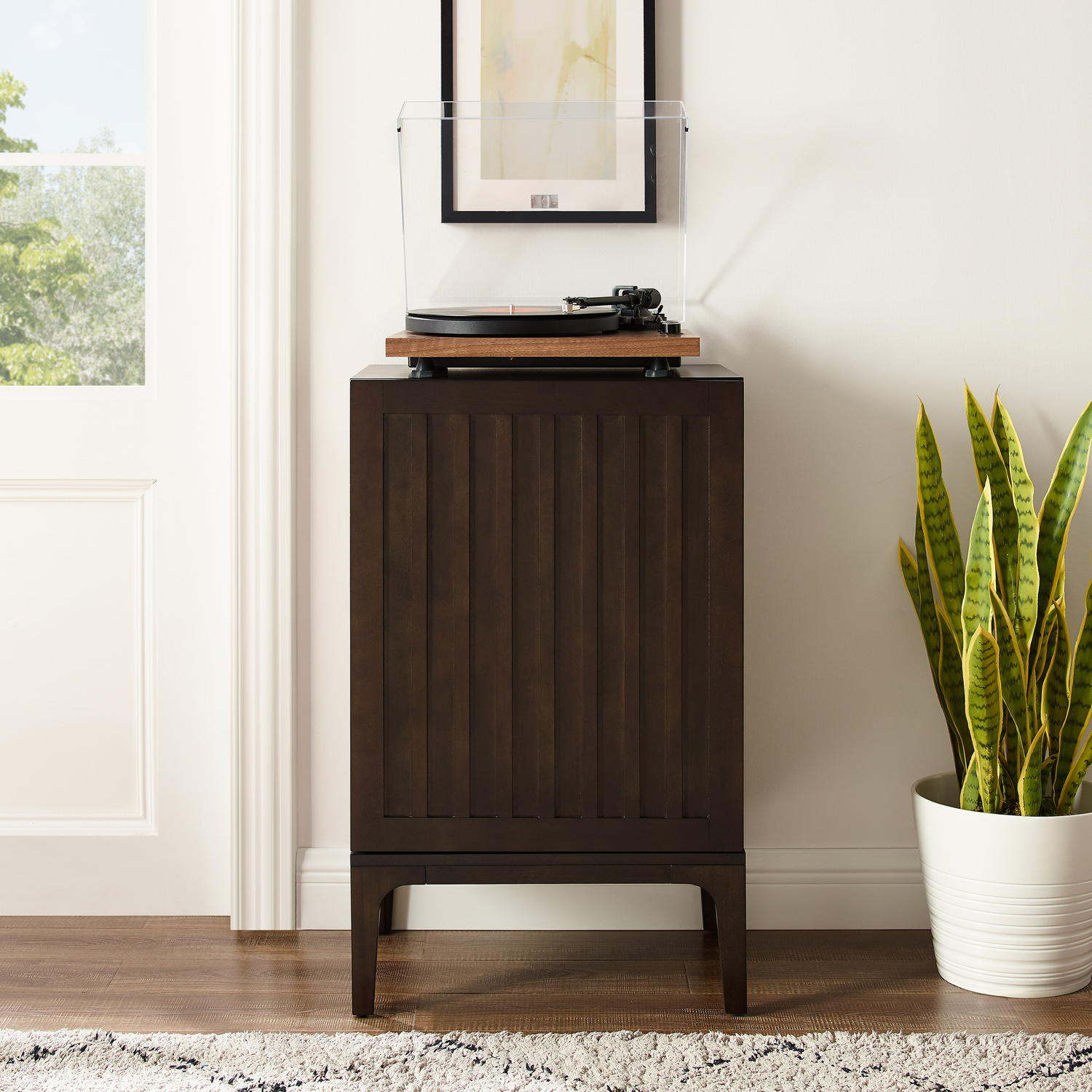Record Storage Stand - Vinyl Record Cabinet, Media Storage Console - Modern Record Player Stand - Dark Brown Finish