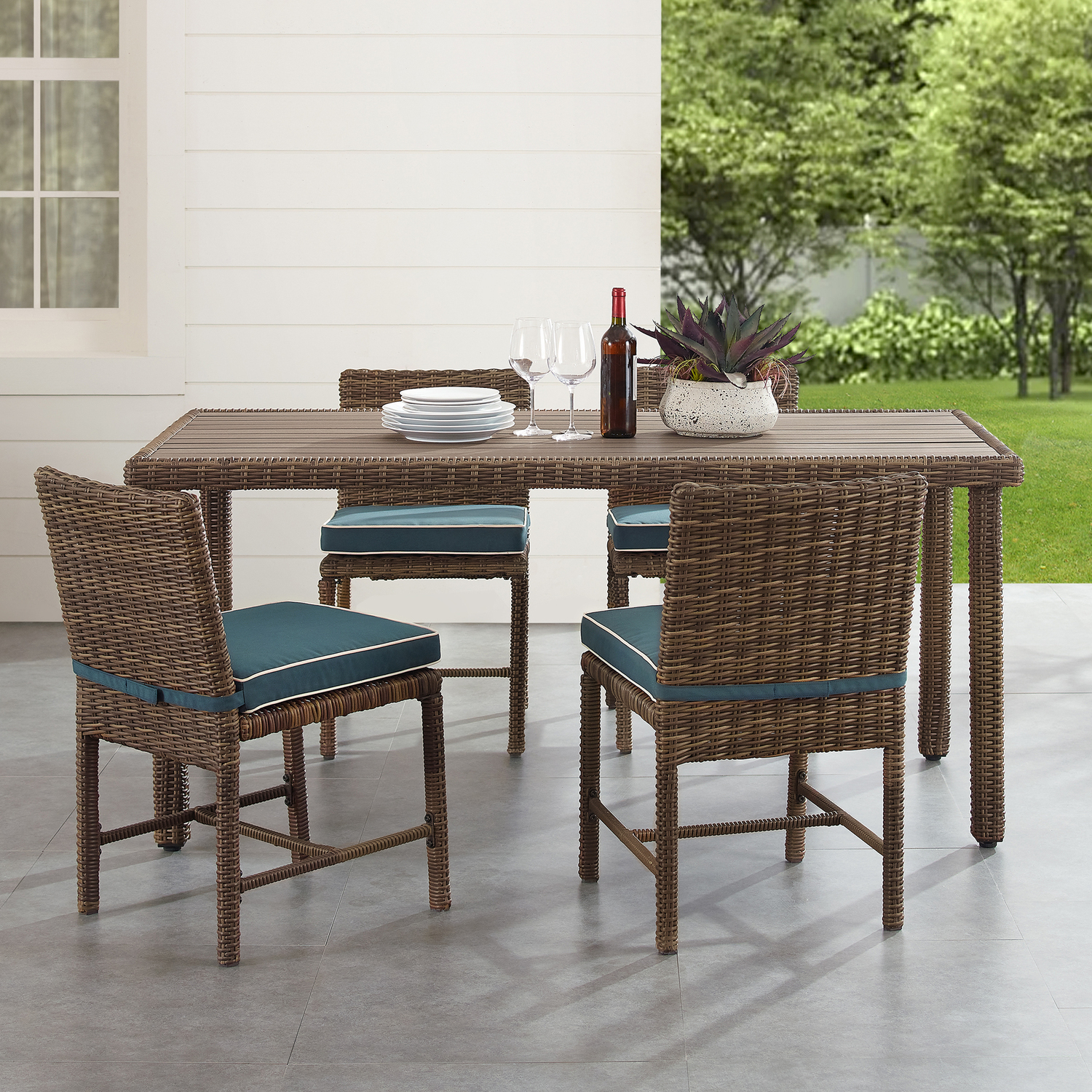 Sophisticated Simplicity 5Pc Outdoor Wicker Dining Set Navy/Weathered Brown - Dining Table & 4 Dining Chairs