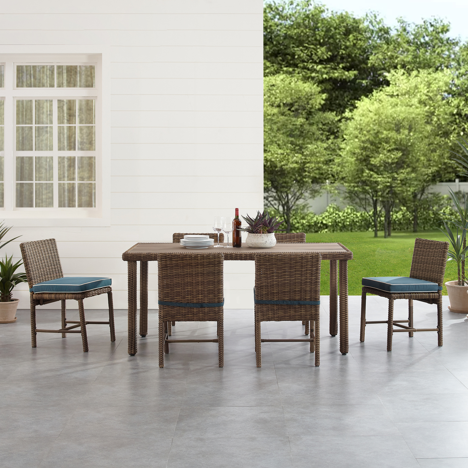 French Country 7 Piece Outdoor Wicker Dining Set Navy/Weathered Brown - Dining Table & 6 Dining Chairs, Adjustable Levelers on Patio Chair Legs, 87 x 121 x 31.5 inches