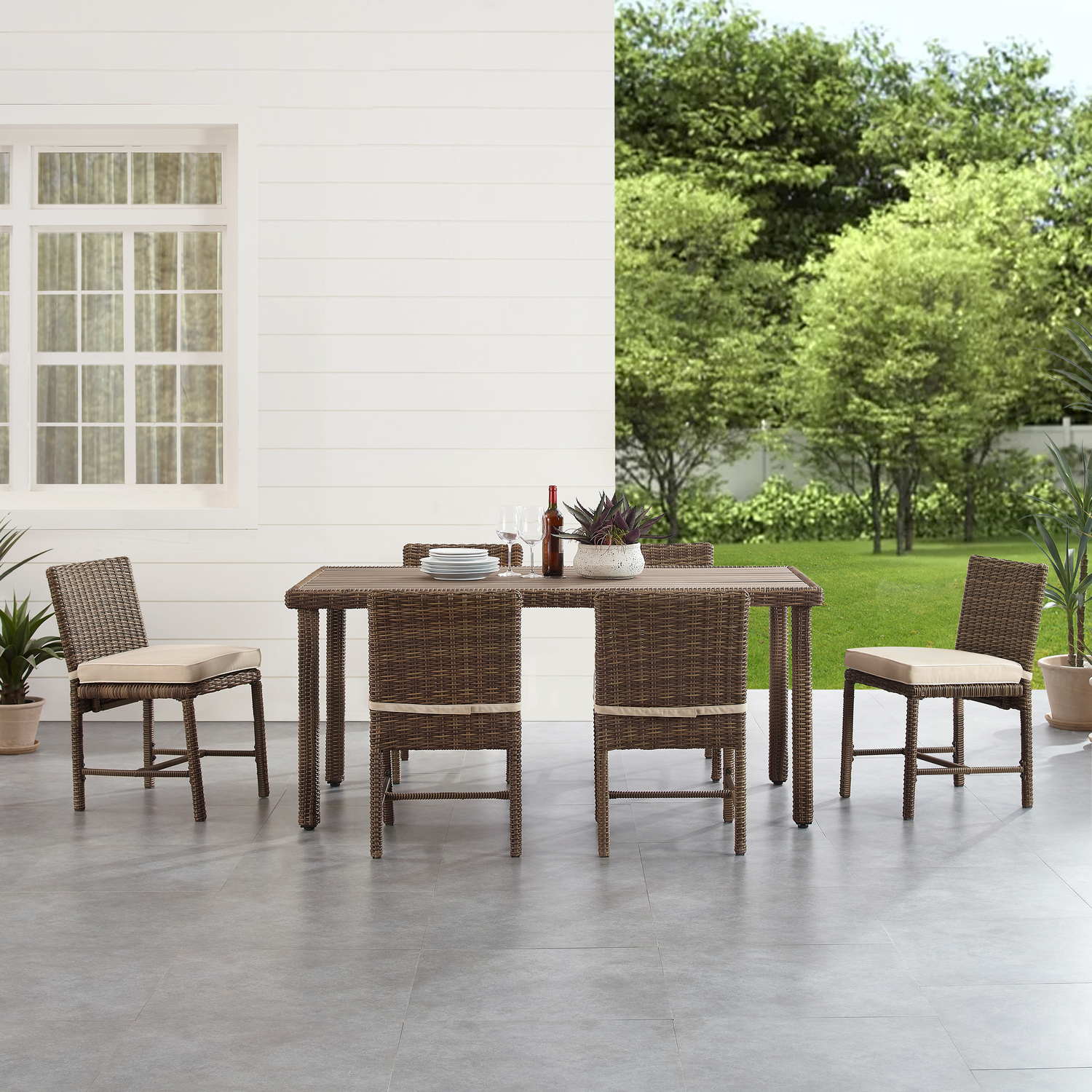 Tuscan Temptations 7Pc Outdoor Wicker Dining Set Sand/Weathered Brown - Dining Table & 6 Dining Chairs