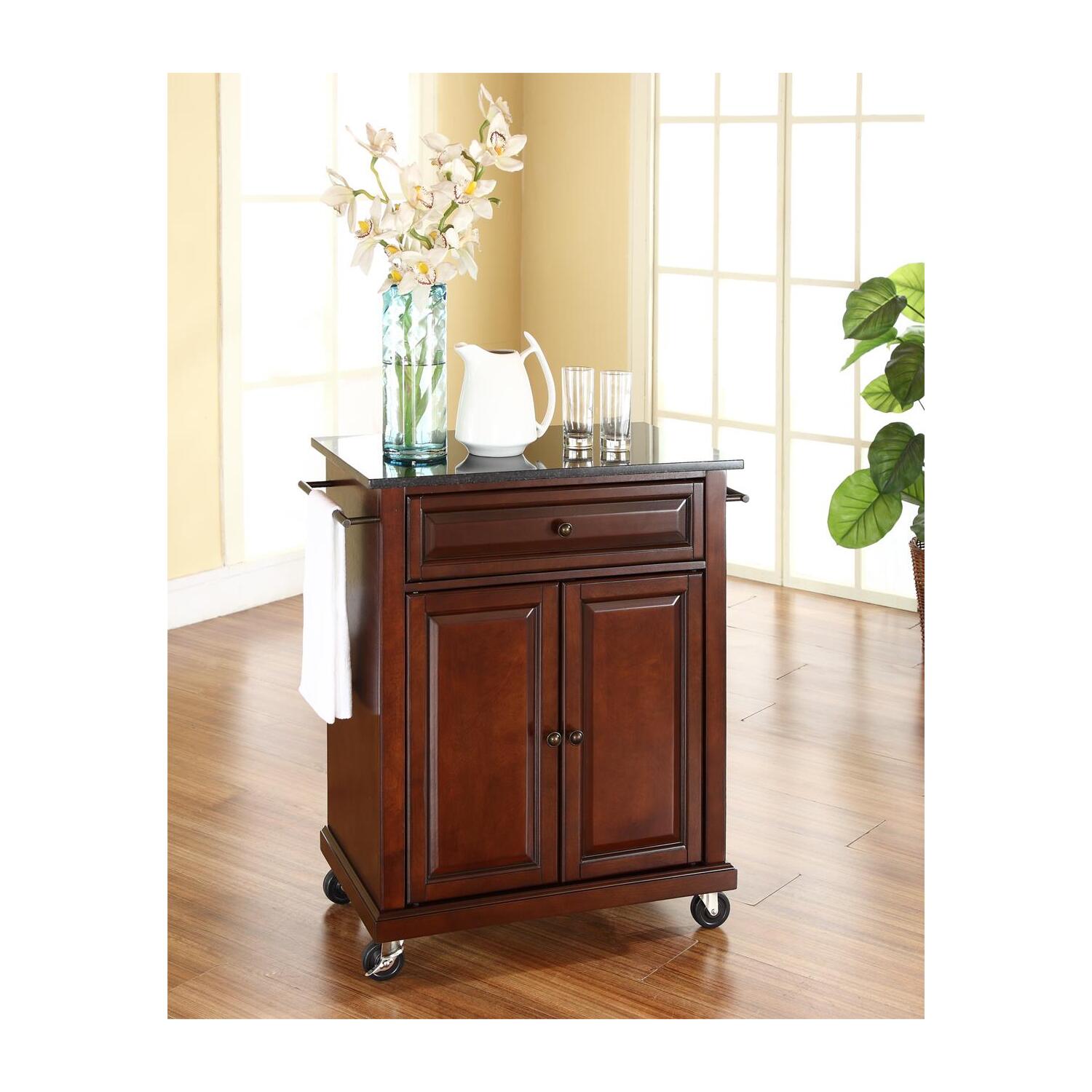 Urban Upmarket Full Size Kitchen Cart with Stainless Steel Top, Black, Tiered Shelf, 18 x 52 x 36 inches, Modern Mobile Kitchen Cart, Adjustable Shelved Storage Behind Doors