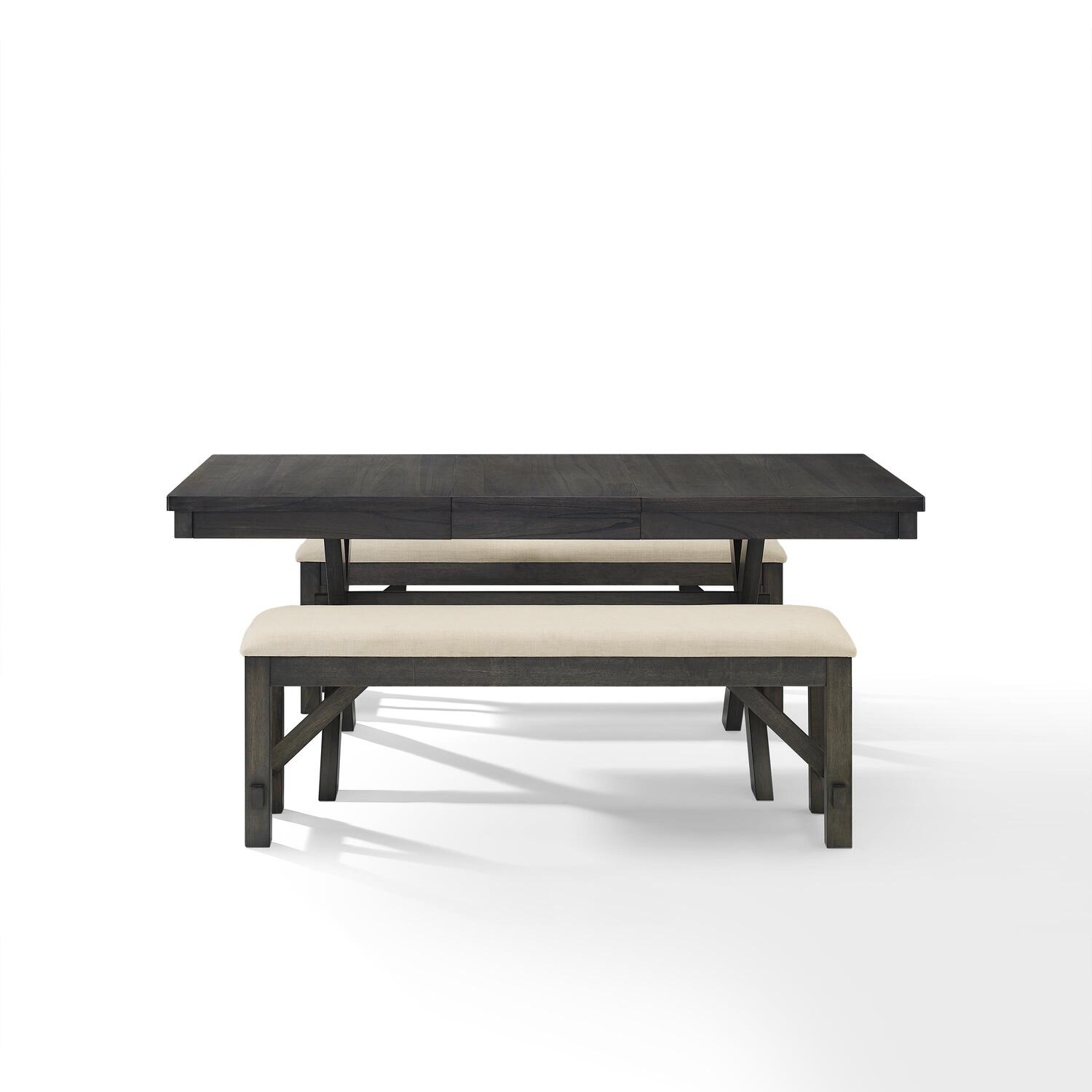 Modern Farmhouse Dining Set - 3 Piece Table & Bench Set - Slate Finish - Extendable Dining Table