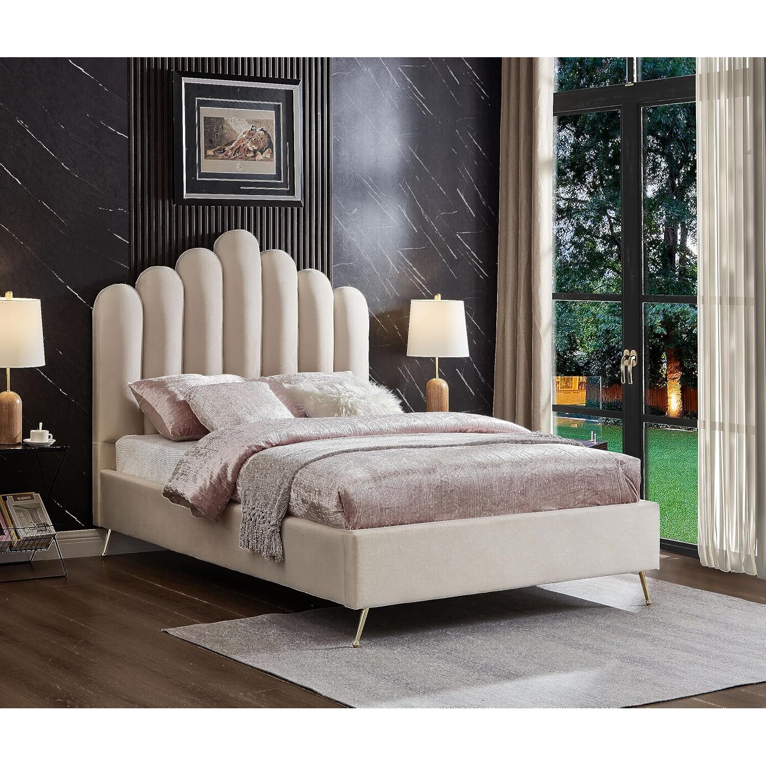 Vintage Vogue Velvet Upholstered Platform Bed with Sturdy Gold Steel Legs and Deep Channel Tufted Headboard