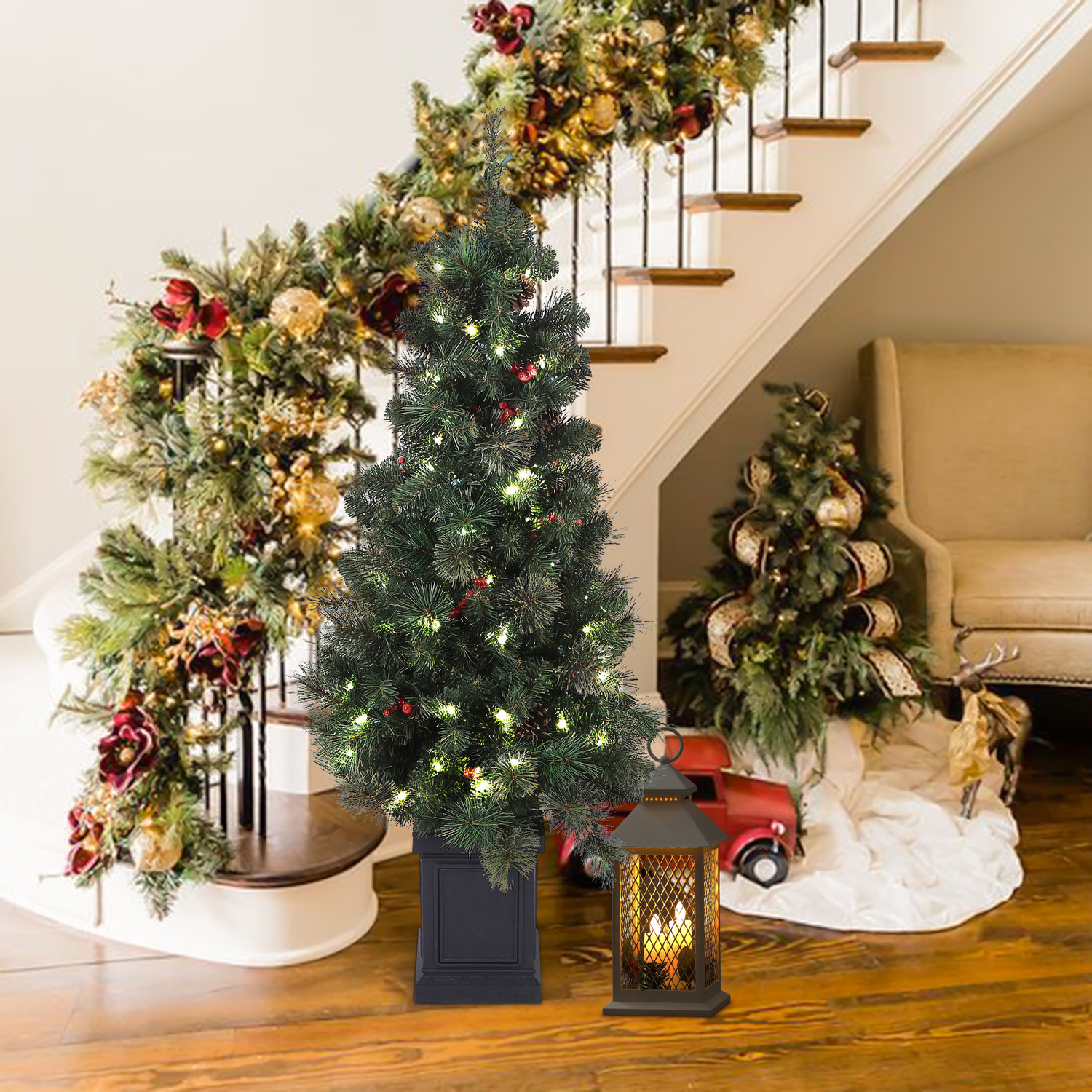 Mid-Century Marvel 4Ft Pre-Lit Artificial Pine Christmas Tree With Pine Cones And Berries