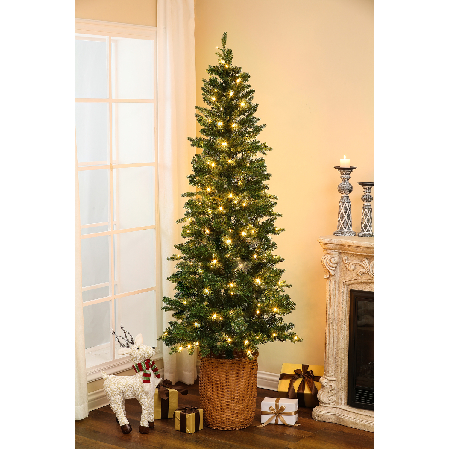 Coastal Cool 6.5Ft Pre-Lit Artificial Slim Fir Christmas Tree With Pot