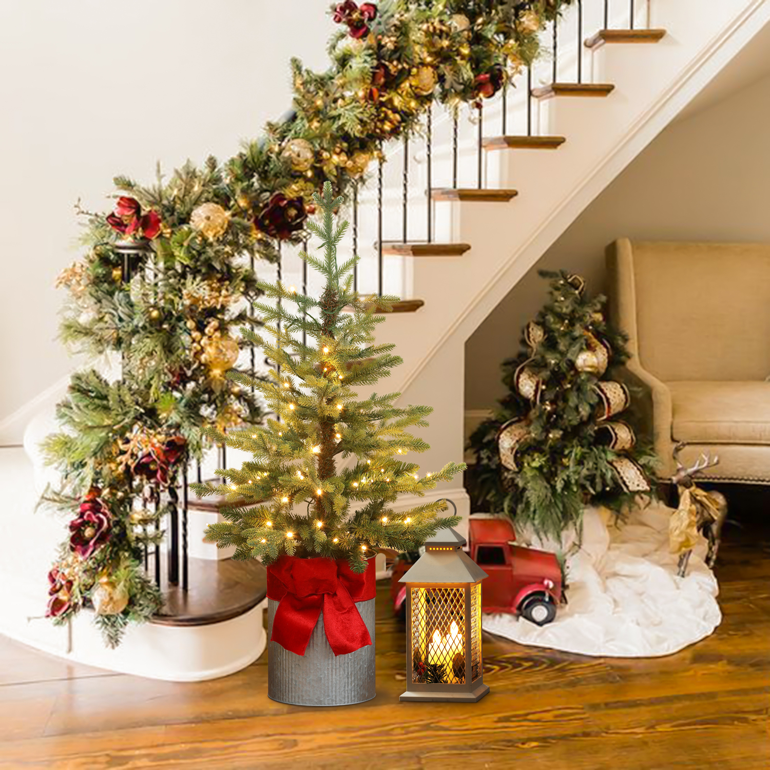 3.5Ft Pre-Lit Artificial Fir Christmas Tree with Metal Pot and Red Ribbon, Perfect for Holiday Tabletop Display and Festive Decor