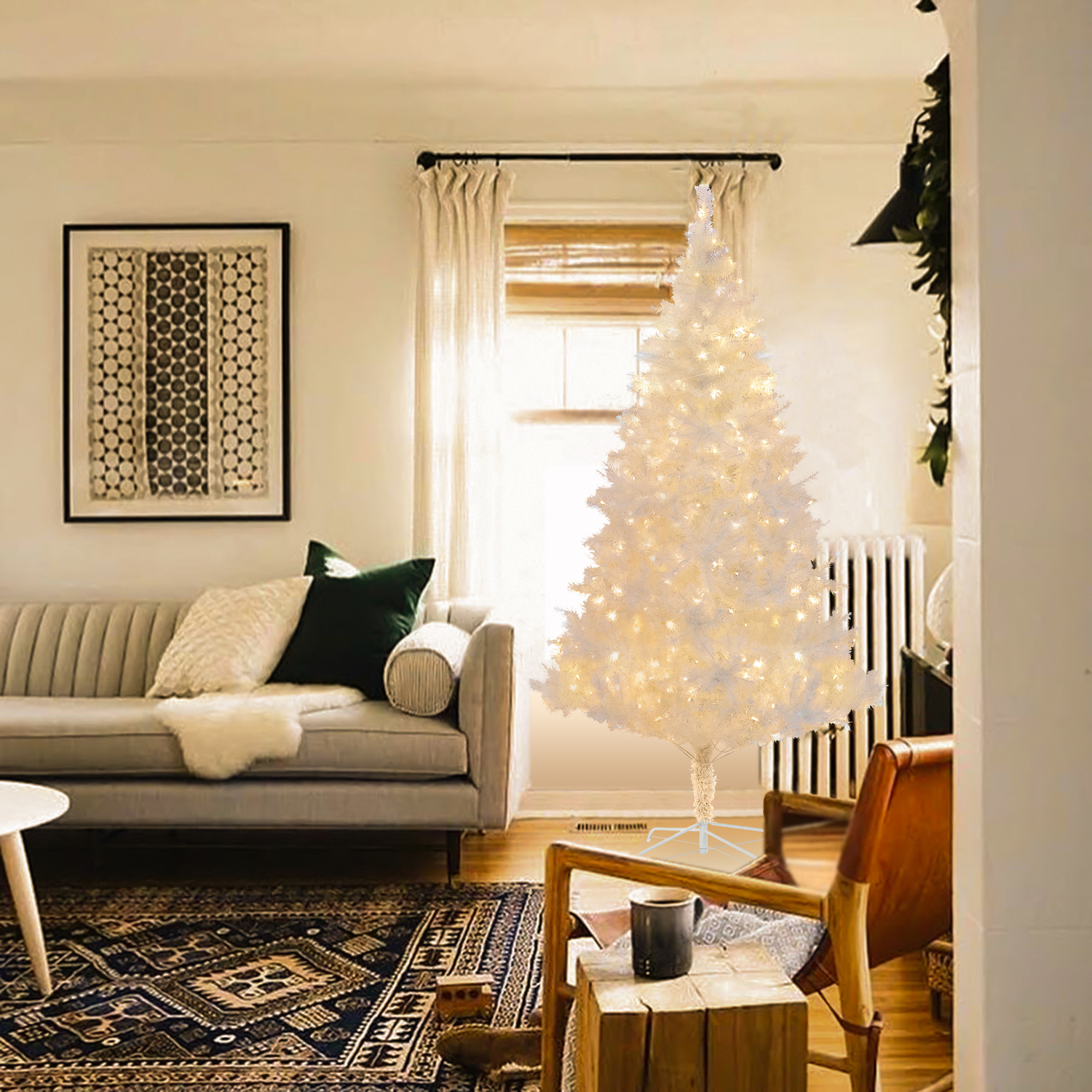 7ft White Christmas Tree with Lights - Full Artificial Fir Tree, Holiday Decor