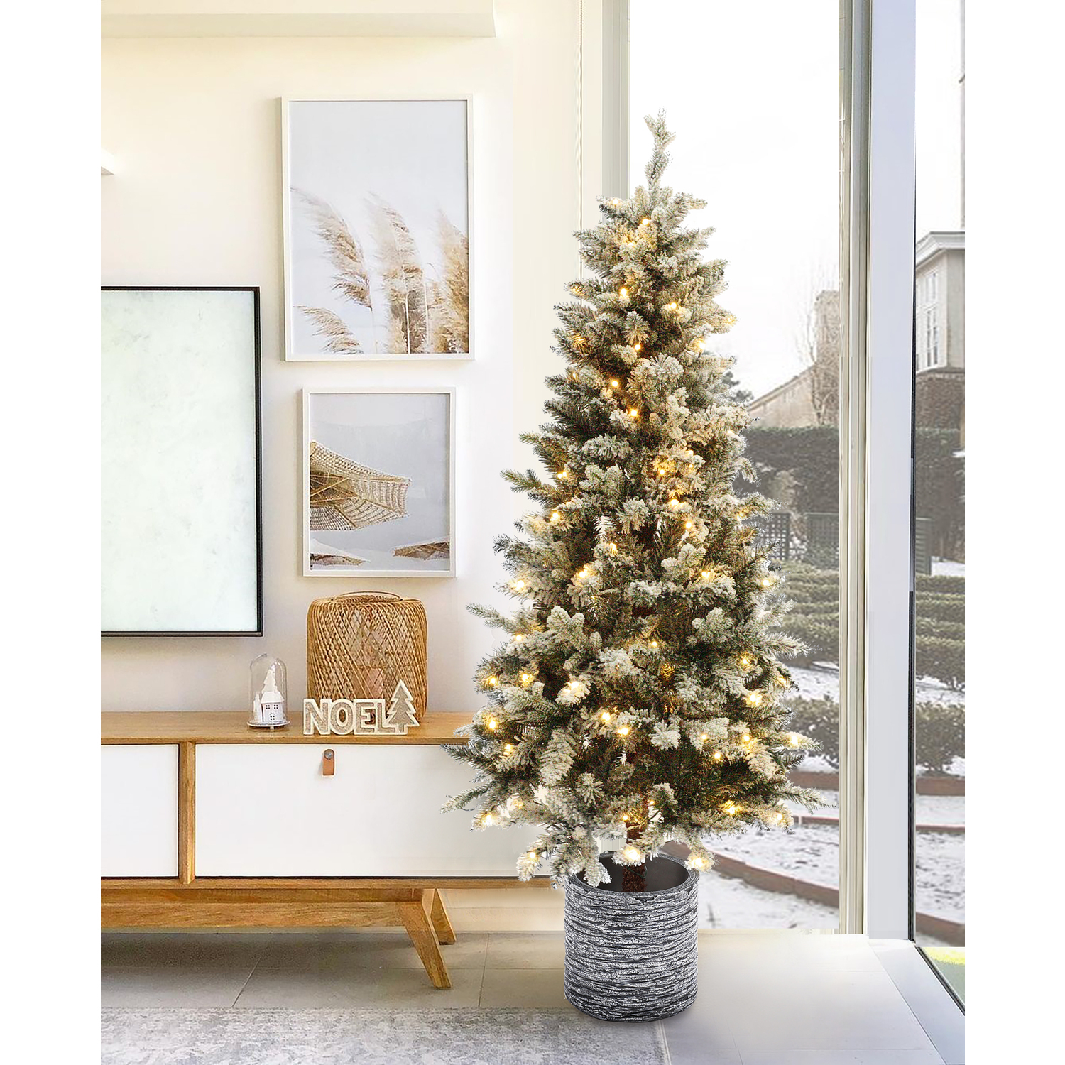5.6ft Joy Slim Christmas Tree with Lights, Realistic Skinny Pencil Christmas Tree Prelit with 650 Branch Tips, 150 Clear Lights, Artificial Christmas Tree in a Pot